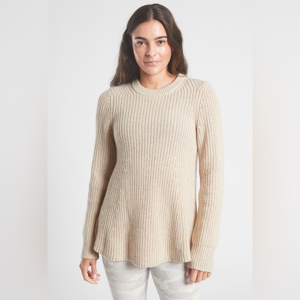 Athleta Womens Sierra Crew Neck Tunic Sweater Wool Blend Ivory Beige Size Medium